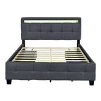 Lit plateforme queen rembourré gris/beige avec cadre LED et 4 tiroirs, pour 2 personnes