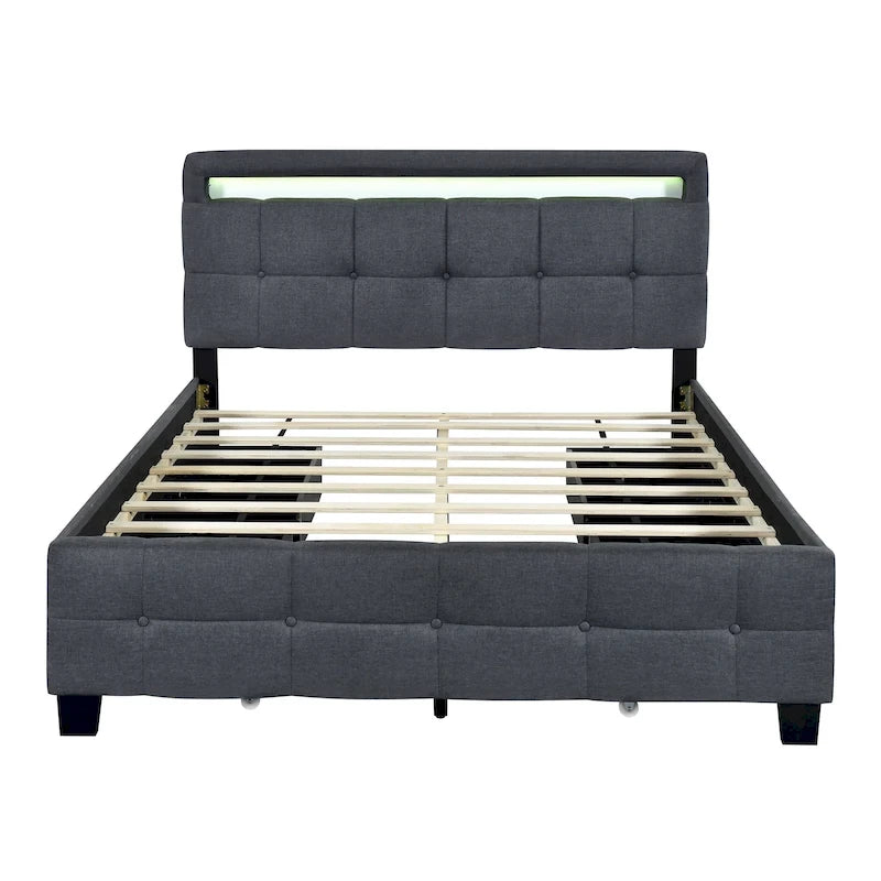 Lit plateforme capitonné Queen gris/beige avec cadre LED et 4 tiroirs, pour 2