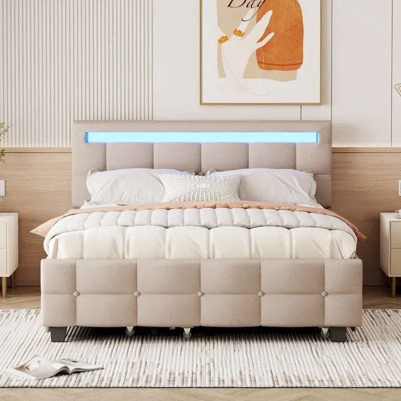 Lit plateforme capitonné Queen gris/beige avec cadre LED et 4 tiroirs, pour 2