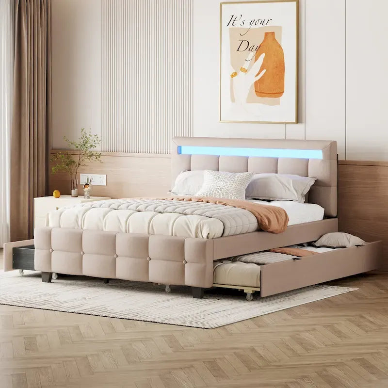 Lit plateforme capitonné Queen gris/beige avec cadre LED et 4 tiroirs, pour 2