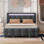 Lit plateforme queen rembourré gris/beige avec cadre LED et 4 tiroirs, pour 2 personnes
