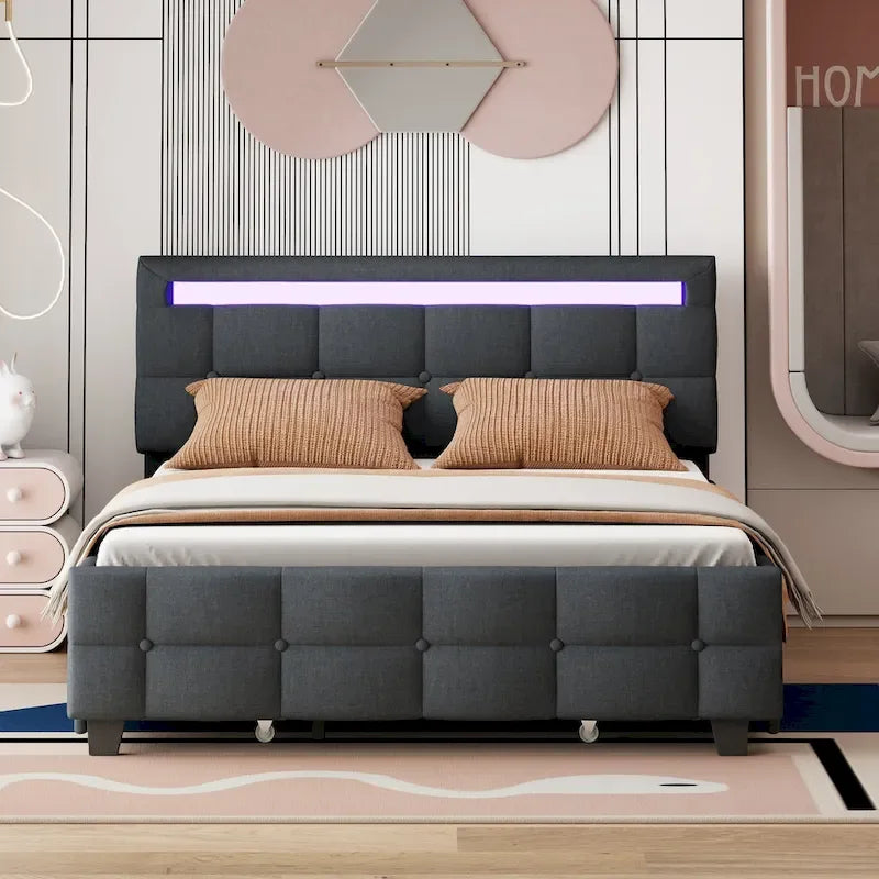 Lit plateforme capitonné Queen gris/beige avec cadre LED et 4 tiroirs, pour 2