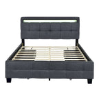 Lit plateforme queen rembourré gris/beige avec cadre LED et 4 tiroirs, pour 2 personnes