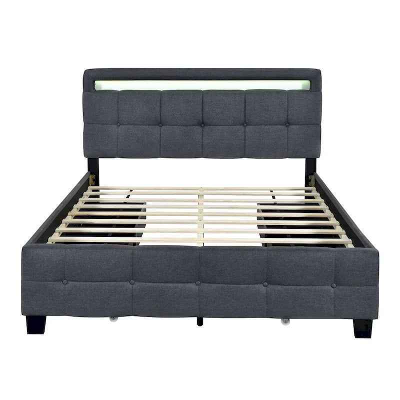 Lit plateforme capitonné Queen gris/beige avec cadre LED et 4 tiroirs, pour 2
