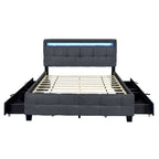 Lit plateforme queen rembourré gris/beige avec cadre LED et 4 tiroirs, pour 2 personnes