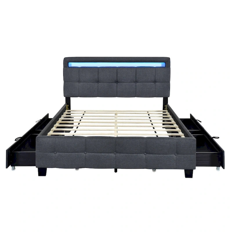 Lit plateforme capitonné Queen gris/beige avec cadre LED et 4 tiroirs, pour 2