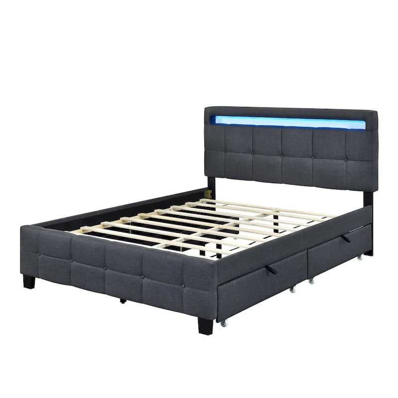 Lit plateforme queen rembourré gris/beige avec cadre LED et 4 tiroirs, pour 2 personnes