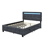 Lit plateforme queen rembourré gris/beige avec cadre LED et 4 tiroirs, pour 2 personnes