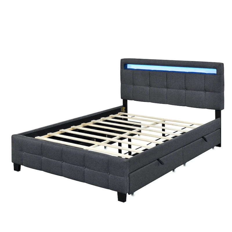 Lit plateforme queen rembourré gris/beige avec cadre LED et 4 tiroirs, pour 2 personnes