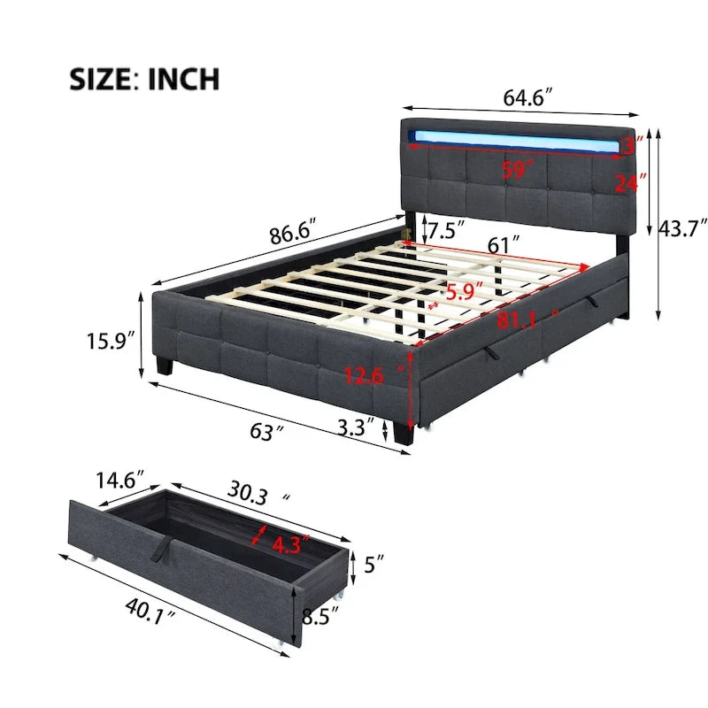 Lit plateforme queen rembourré gris/beige avec cadre LED et 4 tiroirs, pour 2 personnes