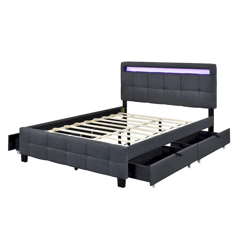 Lit plateforme queen rembourré gris/beige avec cadre LED et 4 tiroirs, pour 2 personnes