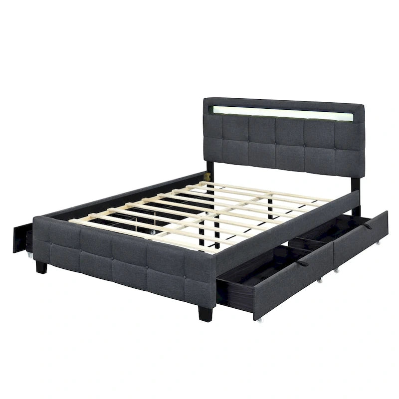 Lit plateforme queen rembourré gris/beige avec cadre LED et 4 tiroirs, pour 2 personnes