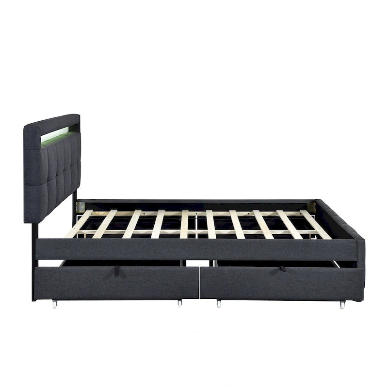 Lit plateforme queen rembourré gris/beige avec cadre LED et 4 tiroirs, pour 2 personnes