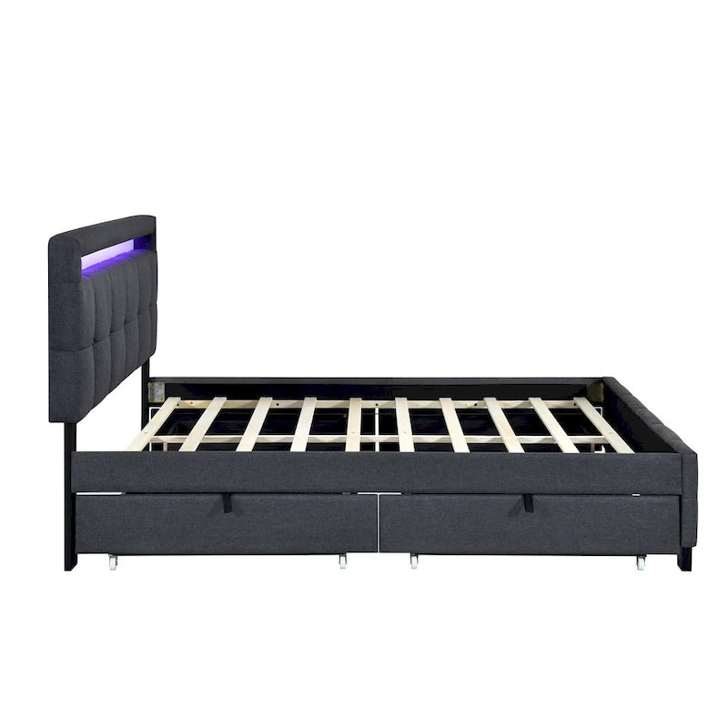Lit plateforme queen rembourré gris/beige avec cadre LED et 4 tiroirs, pour 2 personnes