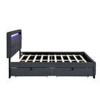 Lit plateforme queen rembourré gris/beige avec cadre LED et 4 tiroirs, pour 2 personnes
