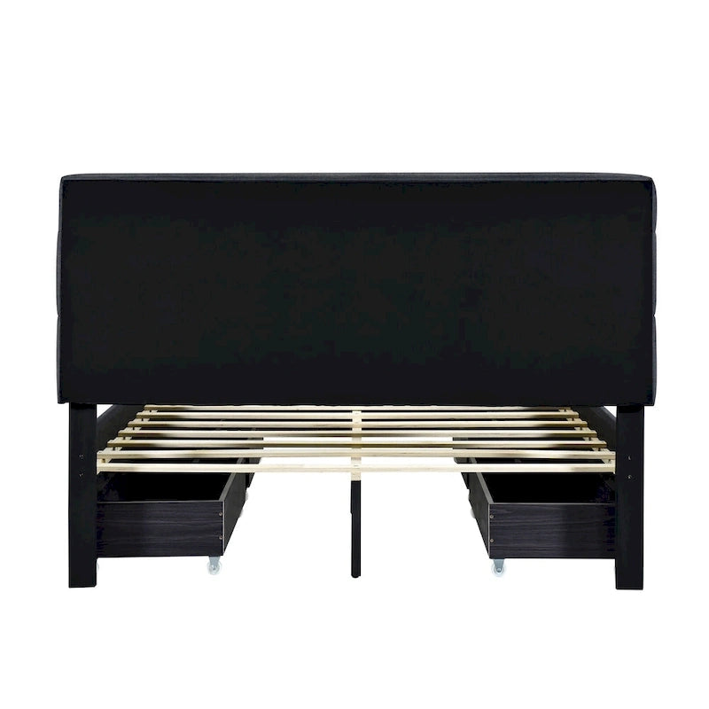 Lit plateforme queen rembourré gris/beige avec cadre LED et 4 tiroirs, pour 2 personnes