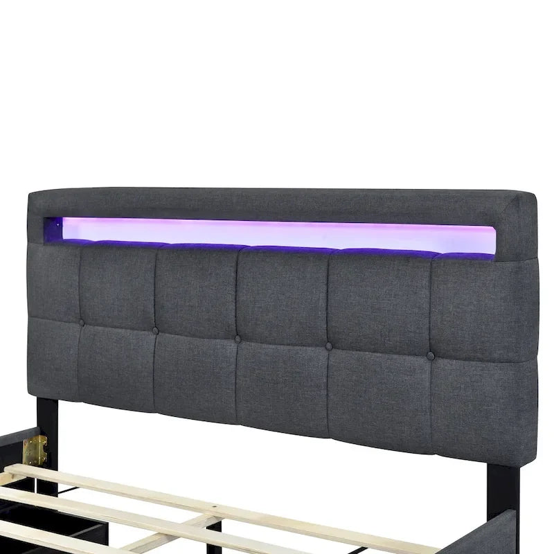 Lit plateforme queen rembourré gris/beige avec cadre LED et 4 tiroirs, pour 2 personnes