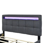 Lit plateforme queen rembourré gris/beige avec cadre LED et 4 tiroirs, pour 2 personnes