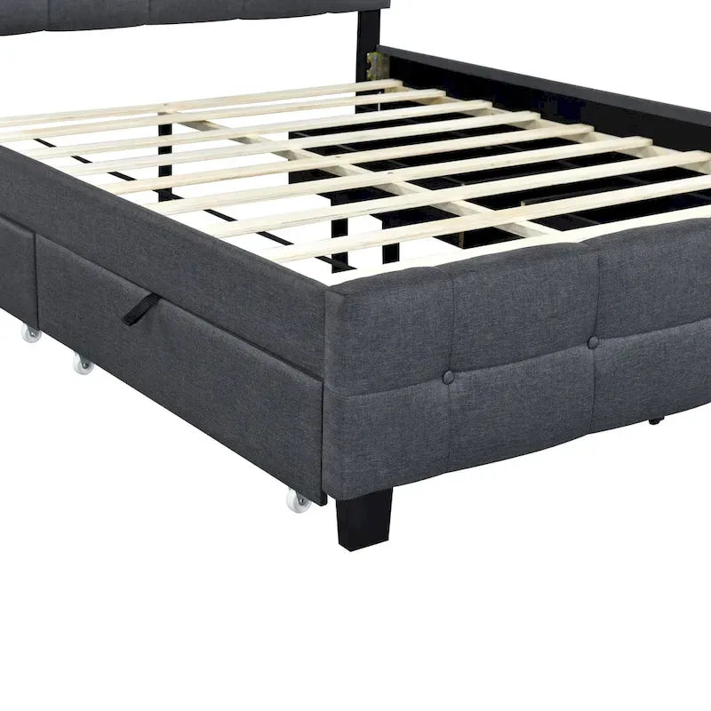 Lit plateforme queen rembourré gris/beige avec cadre LED et 4 tiroirs, pour 2 personnes