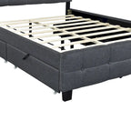 Lit plateforme queen rembourré gris/beige avec cadre LED et 4 tiroirs, pour 2 personnes