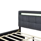 Lit plateforme queen rembourré gris/beige avec cadre LED et 4 tiroirs, pour 2 personnes