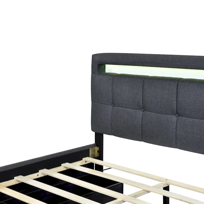 Lit plateforme queen rembourré gris/beige avec cadre LED et 4 tiroirs, pour 2 personnes
