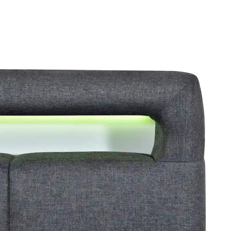 Lit plateforme queen rembourré gris/beige avec cadre LED et 4 tiroirs, pour 2 personnes