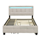 Lit plateforme queen rembourré gris/beige avec cadre LED et 4 tiroirs, pour 2 personnes