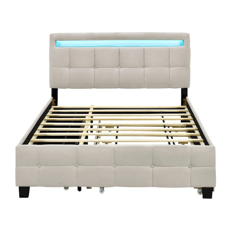 Lit plateforme queen rembourré gris/beige avec cadre LED et 4 tiroirs, pour 2 personnes