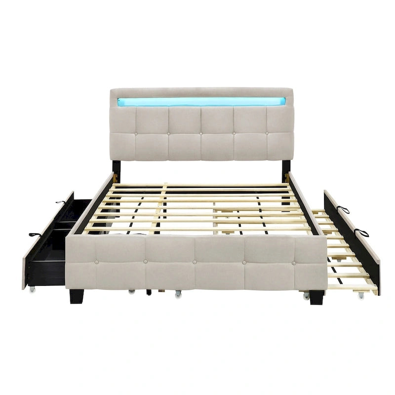 Lit plateforme queen rembourré gris/beige avec cadre LED et 4 tiroirs, pour 2 personnes