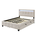 Lit plateforme queen rembourré gris/beige avec cadre LED et 4 tiroirs, pour 2 personnes