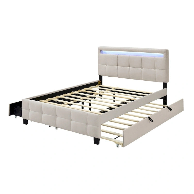 Lit plateforme queen rembourré gris/beige avec cadre LED et 4 tiroirs, pour 2 personnes