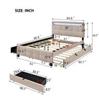 Lit plateforme queen rembourré gris/beige avec cadre LED et 4 tiroirs, pour 2 personnes