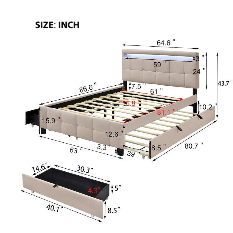 Lit plateforme queen rembourré gris/beige avec cadre LED et 4 tiroirs, pour 2 personnes