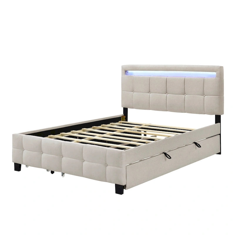 Lit plateforme queen rembourré gris/beige avec cadre LED et 4 tiroirs, pour 2 personnes