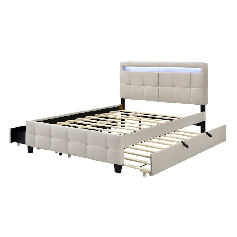 Lit plateforme queen rembourré gris/beige avec cadre LED et 4 tiroirs, pour 2 personnes