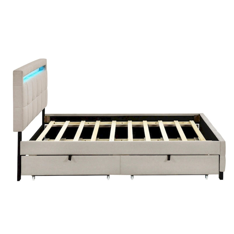 Lit plateforme queen rembourré gris/beige avec cadre LED et 4 tiroirs, pour 2 personnes