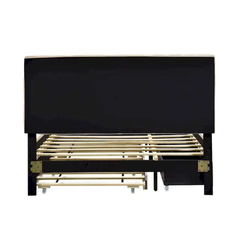 Lit plateforme queen rembourré gris/beige avec cadre LED et 4 tiroirs, pour 2 personnes
