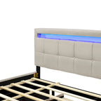 Lit plateforme queen rembourré gris/beige avec cadre LED et 4 tiroirs, pour 2 personnes