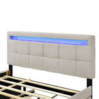 Lit plateforme queen rembourré gris/beige avec cadre LED et 4 tiroirs, pour 2 personnes