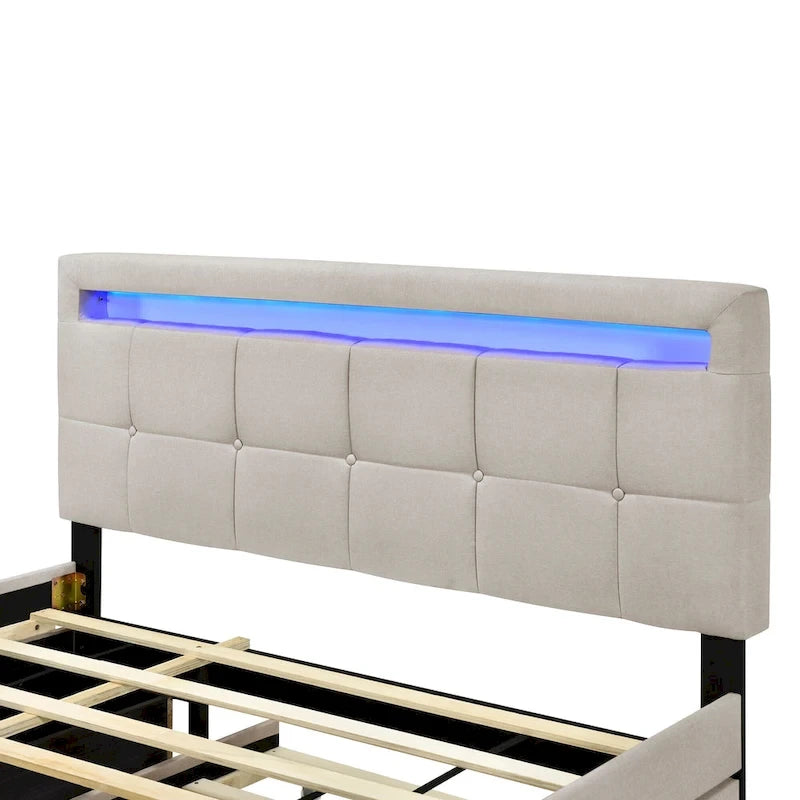 Lit plateforme queen rembourré gris/beige avec cadre LED et 4 tiroirs, pour 2 personnes