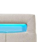 Lit plateforme queen rembourré gris/beige avec cadre LED et 4 tiroirs, pour 2 personnes