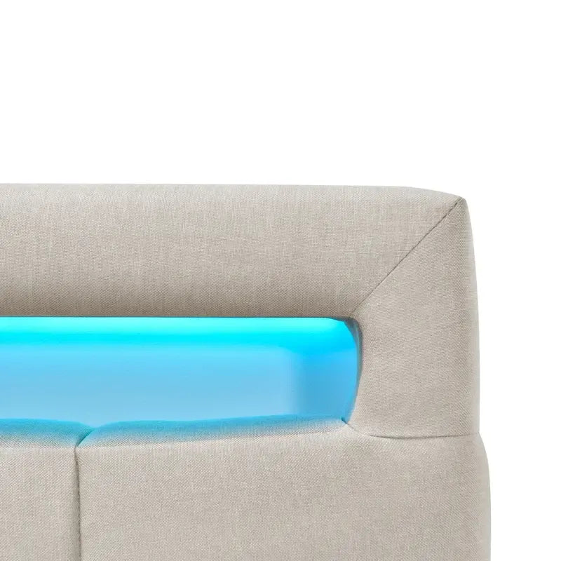 Lit plateforme queen rembourré gris/beige avec cadre LED et 4 tiroirs, pour 2 personnes