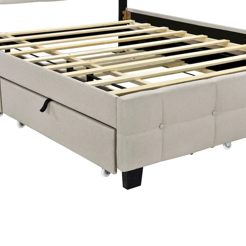 Lit plateforme queen rembourré gris/beige avec cadre LED et 4 tiroirs, pour 2 personnes