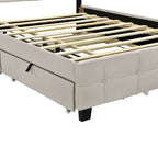 Lit plateforme queen rembourré gris/beige avec cadre LED et 4 tiroirs, pour 2 personnes