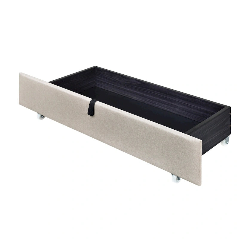 Lit plateforme queen rembourré gris/beige avec cadre LED et 4 tiroirs, pour 2 personnes