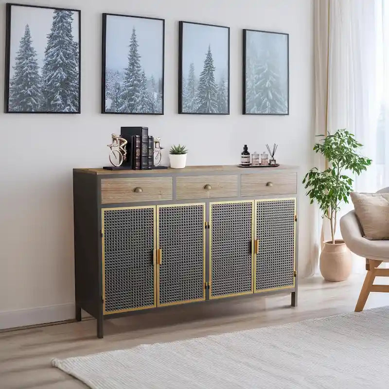 Buffet Poli Gris Foncé, 3 Tiroirs & 4 Portes, Assemblage par 1 Personne
