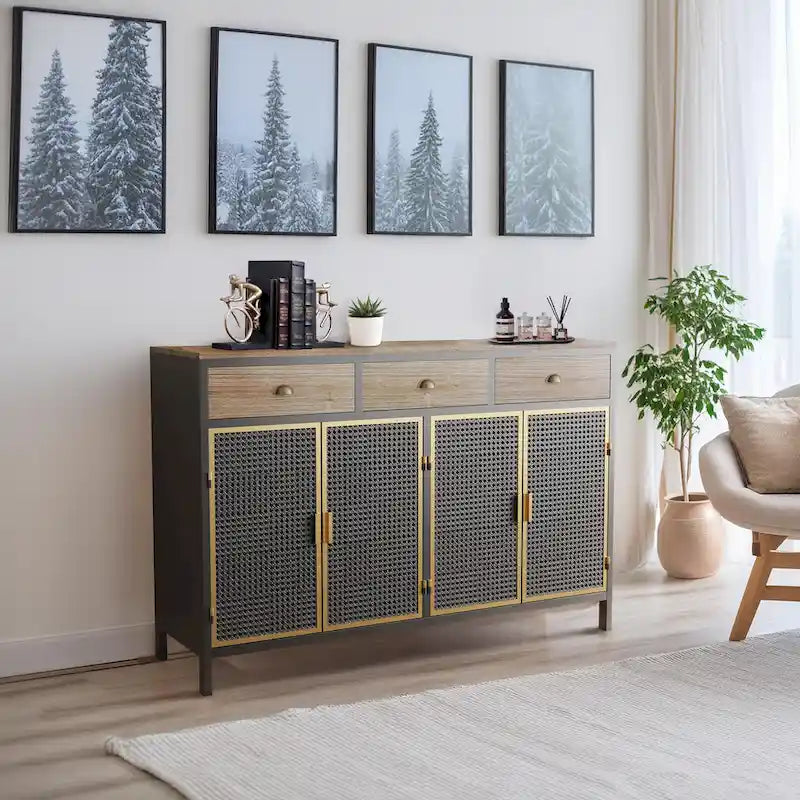 Roomfitters 48-Inch Wide Modern Sideboard with 3 Top Drawers and 4 Doors - Freestanding Storage Cabinet for Living Room, Office