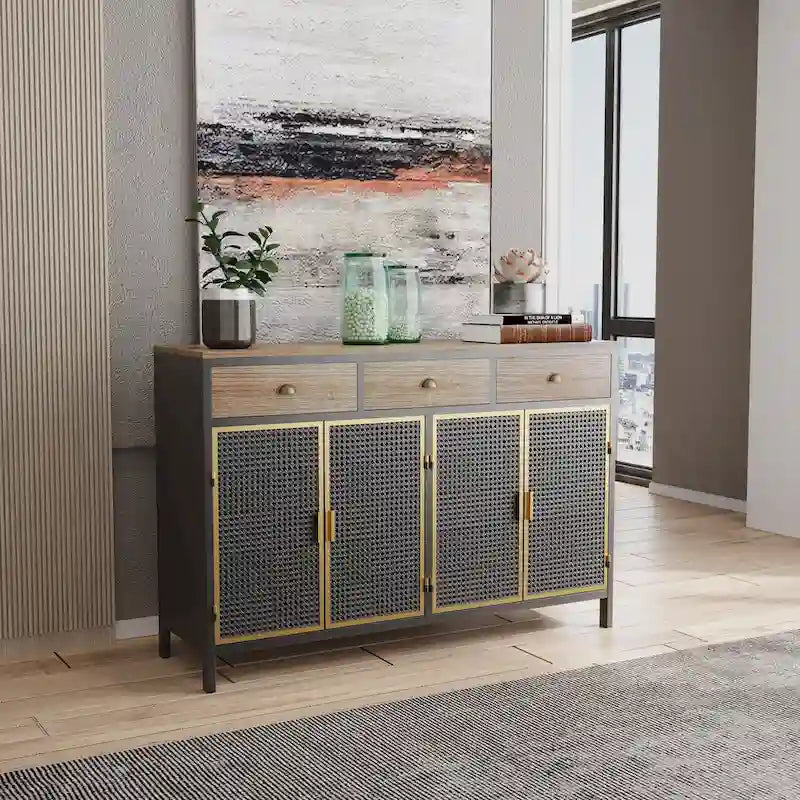 Buffet Poli Gris Foncé, 3 Tiroirs & 4 Portes, Assemblage par 1 Personne