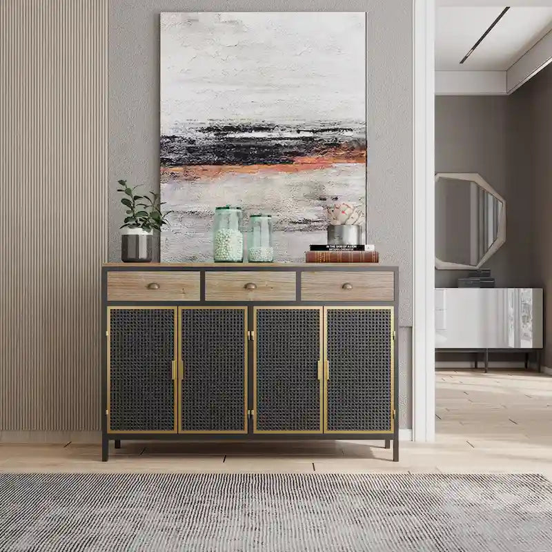 Buffet Poli Gris Foncé, 3 Tiroirs & 4 Portes, Assemblage par 1 Personne